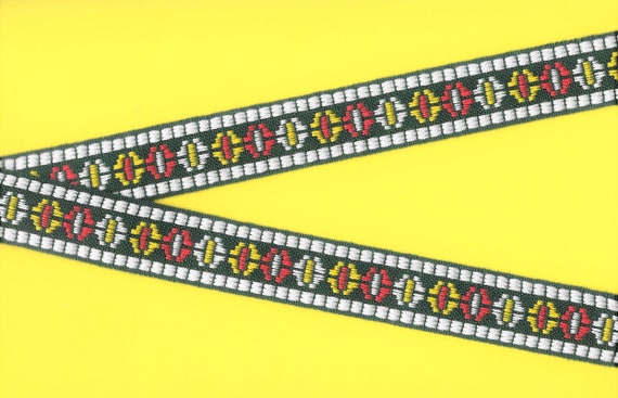 NATIVE AMERICAN F-34-A Jacquard Ribbon Cotton Trim 1" Wide (25mm) VINTAGE Green Background w/White Borders, Red and Yellow Pattern, Per Yard