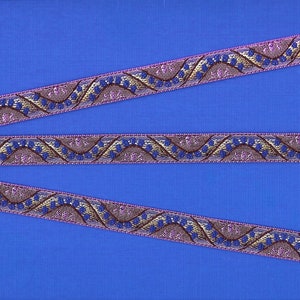 Cinta de jacquard GEOMÉTRICA B-26-B con ribete de poliéster de 1/2" de ancho (13 mm), diseño poco común fabricado en Francia, "onda" de color lima, lila y violeta con puntos azul real