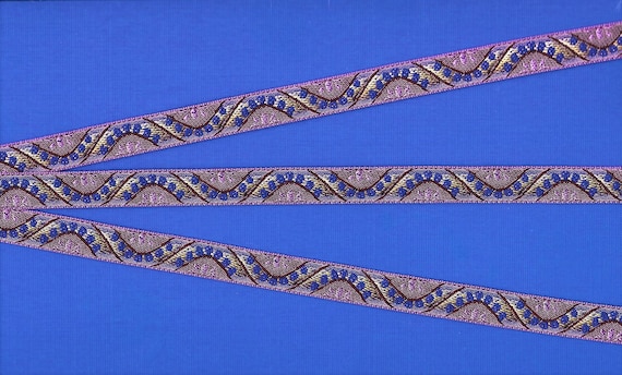 GEOMETRIC B-26-B Jacquard Ribbon Poly Trim 1/2" wide (13mm) RARE Made in France, Lime/Lilac/Purple "Wave" Design w/Royal Blue Dots