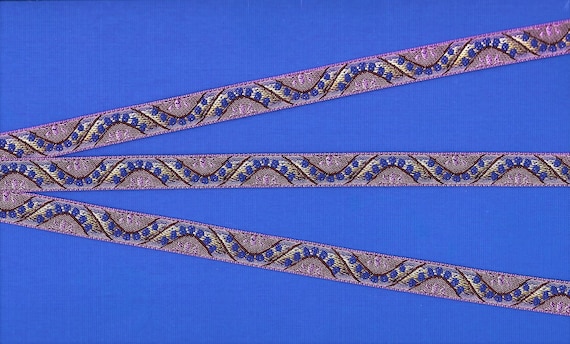 GEOMETRIC B-26-B Jacquard Ribbon Poly Trim, 1/2" Wide (13mm) RARE from France, Lime/Lilac/Purple "Wave" Design w/Royal Blue Dots, Per Yard