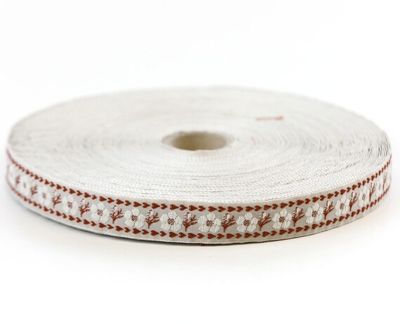 KAFKA C-06/05 Jacquard Ribbon Organic Cotton Trim 9/16" wide (15mm) Beige w/ White Flowers