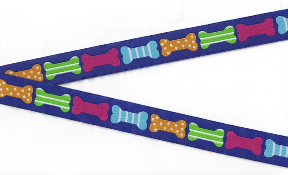 NOVELTY/Dogs E-01-A Jacquard Ribbon Poly Trim, 7/8" Wide (22mm) Blue w/Variety of Dog Bones in Polka Dots and Stripe Patterns