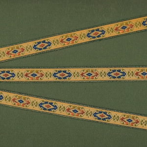 GEOMETRIC B-24-B Jacquard Borte, Polyester Zierband 14mm breit Olive/Marine/Grün/Orange Medaillon-Motiv auf Gold