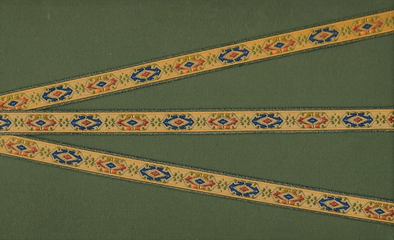 GEOMETRIC B-24-B Jacquard Ribbon Poly Trim 1/2" wide (13mm) Made in France, Olive/Navy/Green/Orange Medallion Motif on Gold, Per Yard