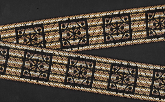 GEOMETRIC J-03-A Jacquard Ribbon Cotton/Poly Trim 1-7/8" Wide (48mm) Brown/Beige/Mustard Check w/Black Abstract Pattern