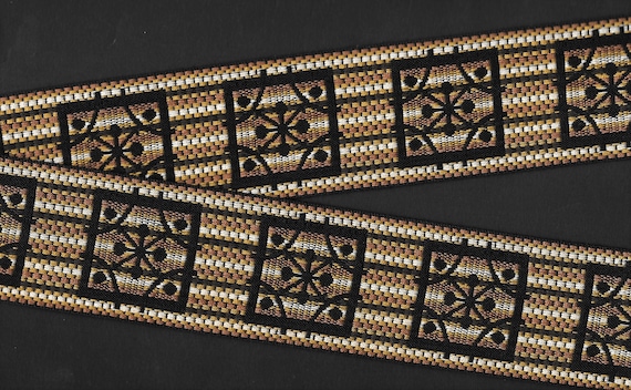 GEOMETRIC J-03-A Jacquard Ribbon Cotton/Poly Trim 1-7/8" Wide (48mm) Brown/Beige/Mustard Check w/Black Abstract Pattern, Per Yard