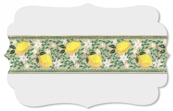 KAFKA H-13-A Jacquard Ribbon Cotton Trim, 1-1/2" wide (40mm) From Germany, Beige w/Lemons White Lemon Blossom Flowers Green Leaves, Per Yard