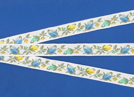 FLORAL C-06-B Jacquard Ribbon Cotton Trim 5/8" wide (16mm) Made in France, White w/Aqua, Blue & Yellow Flowers