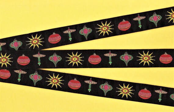 HOLIDAY E-02-A Jacquard Ribbon Poly Trim 7/8" wide (22mm) LFNT Design, Rare, Retired, Black w/Multi-Colored Ornaments, Metallic Accents
