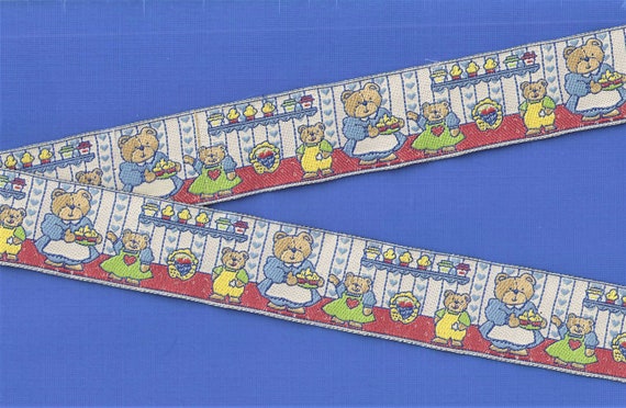 CHILDREN's G-06-B Jacquard Ribbon Poly Trim, 1-1/4" Wide (32mm) VINTAGE, Made in Spain, Mama Bear w/Children having "Tea Time"