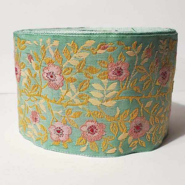 KAFKA L-01/21 Jacquard Ribbon Woven Organic Cotton Trim 2-3/8" wide (60mm) Green w/Rose Pink/Red Wild Roses, Taupe & Gold Leaves