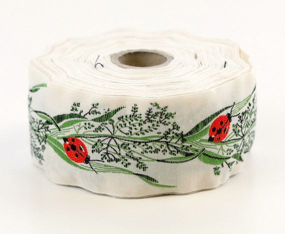 KAFKA H-01/05 Jacquard Ribbon Organic Woven Cotton Trim 1-1/2" wide (40mm) IVORY w/Sweet Red Ladybugs, Green & Black Leaves/Stems