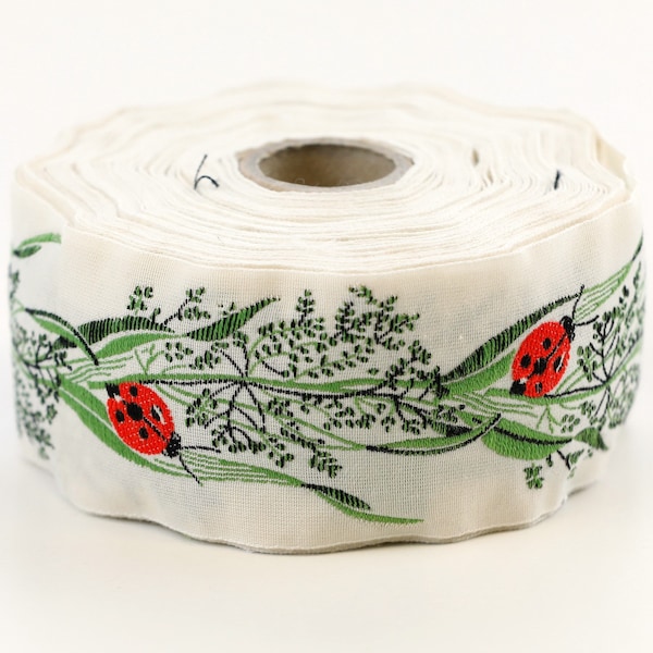 KAFKA H-01/05 Jacquard Ribbon Organic Woven Cotton Trim 1-1/2" wide (40mm) IVORY w/Sweet Red Ladybugs, Green & Black Leaves/Stems