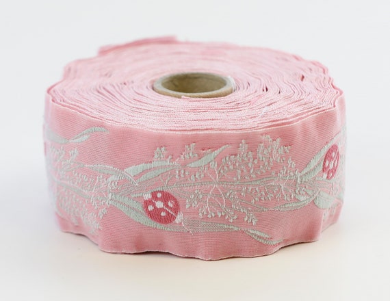 KAFKA H-01/07 Jacquard Ribbon Organic Woven Cotton Trim 1-1/2" wide (40mm) Pink w/Sweet Rosey Pink Ladybugs, Lt Green Leaves/Stems