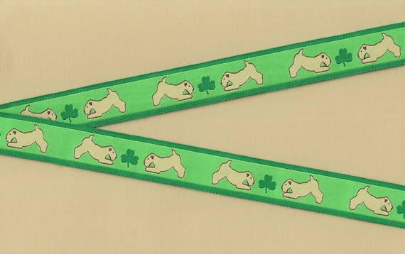 ST. PATRICK'S/HOLIDAY E-01 Jacquard Ribbon Polyester Trim 7/8" Wide (22mm) Shamrocks & Dogs on Green Background, Per Yard
