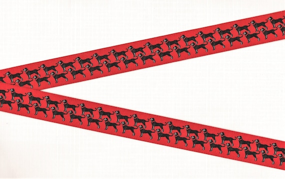 D-DP-01g ANIMALS Jacquard Ribbon Polyester Trim, 3/4" Wide (20mm) Red Background w/ Double Row of Black Dogs Wearing Red Collars, Per Yard