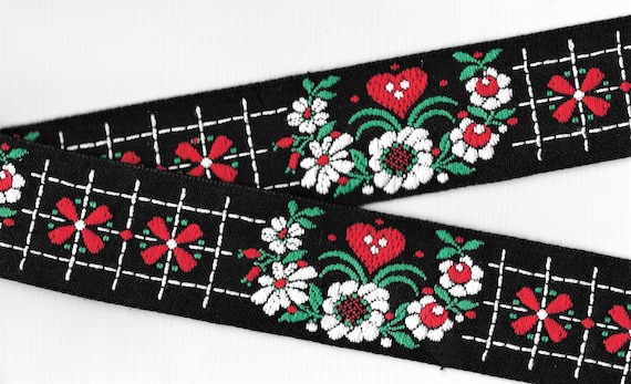 HEARTS/FLOWERS K-04-A Jacquard Ribbon Cotton Trim, 2" Wide (50mm) VINTAGE West Germany, Black Linen w/White Flowers & Red Hearts