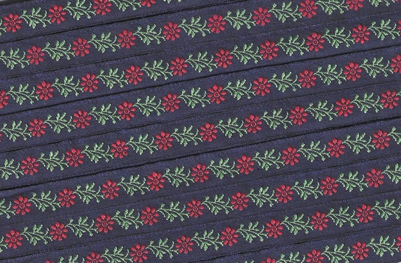 KAFKA A-02/19 Jacquard Ribbon Woven Organic Cotton Trim 7/16" wide (10mm) Navy Background w/Red Flowers, Green Leaves