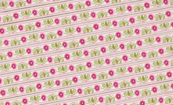 FLORAL B-28-F Jacquard Ribbon Polyester Trim 1/2" wide (13mm) Ivory Background w/Variegated Pink Flowers, Olive Green Leaves