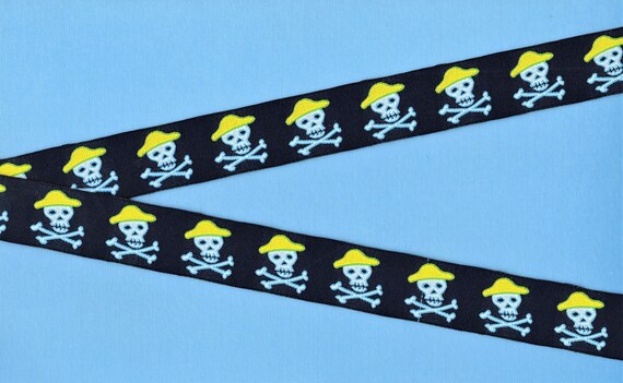 NOVELTY/Skulls E-04-B Jacquard Ribbon Poly Trim 7/8" wide (22mm) Navy Background w/Jolly Roger Motif in Light Blue & Neon Yellow