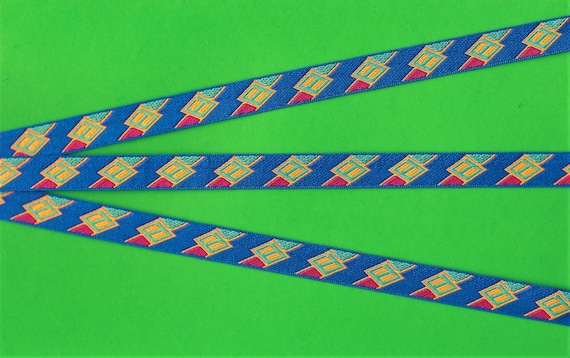 GEOMETRIC C-22-A Jacquard Ribbon Poly Trim, 5/8" Wide (16mm) Bright Blue w/Hot Pink, Lime Green & Golden Yellow Design, Priced Per Yard
