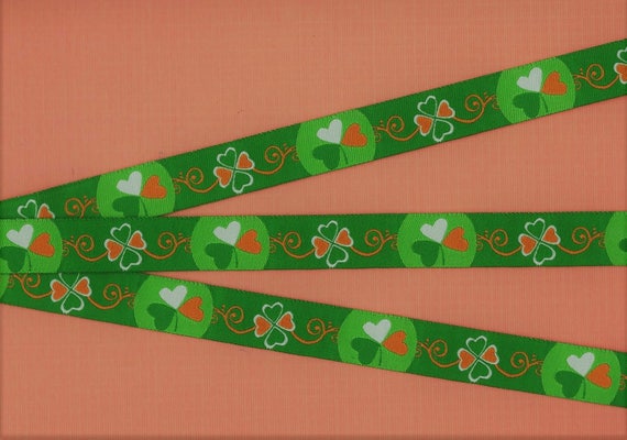 HOLIDAY/St. Patrick's C-07-A Jacquard Ribbon Poly Trim 5/8" Wide (16mm) Green Background w/Shamrocks & Hearts, Per Yard