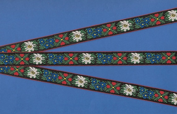 HEARTS/FLOWERS C-12-A Jacquard Ribbon Poly Trim 5/8" Wide (16mm) Black Background w/Red Hearts, White Edelweiss & Blue Flowers