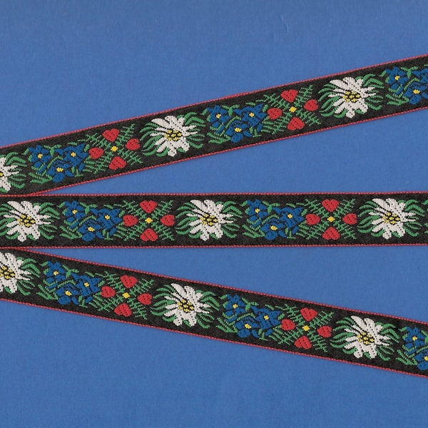 HEARTS/FLOWERS C-12-A Jacquard Ribbon Poly Trim 5/8" Wide (16mm) Black Background w/Red Hearts, White Edelweiss & Blue Flowers