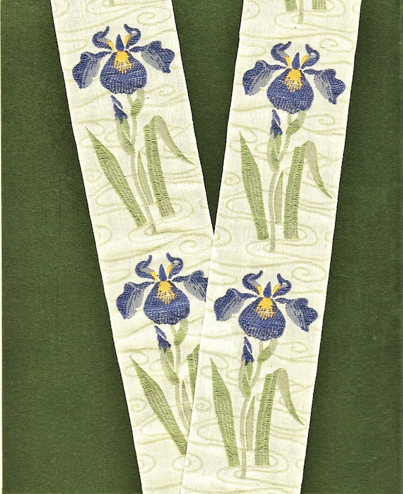 KAFKA H-10/15 Jacquard Ribbon Woven Organic Cotton Trim 1-1/2" wide (38mm) Violet Irises & Green Leaves on a Beige Background, Per Yard