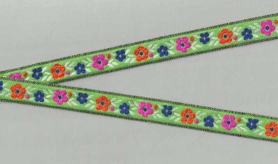 FLORAL C-40-K Jacquard Ribbon Rayon Trim 5/8" wide (16mm) Bright Green Background w/Hot Pink, Orange & Blue Flowers, White Leaves
