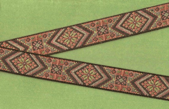 FLORAL TAPESTRY G-01-A Jacquard Ribbon Polyester Trim 1-1/4" wide (32mm) Black w/Metallic Gold Accents, Pumpkin, Olive & Denim Blue