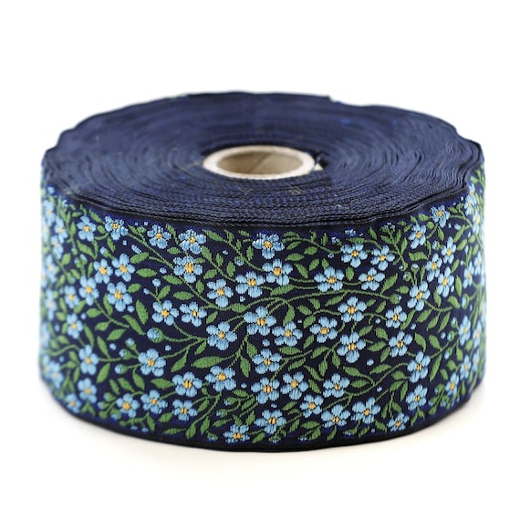 KAFKA K-02/04 Jacquard Ribbon Woven Organic Cotton Trim 2" wide (50mm) Navy w/Sky Blue & Yellow Forget-Me-Nots, Green Leaves