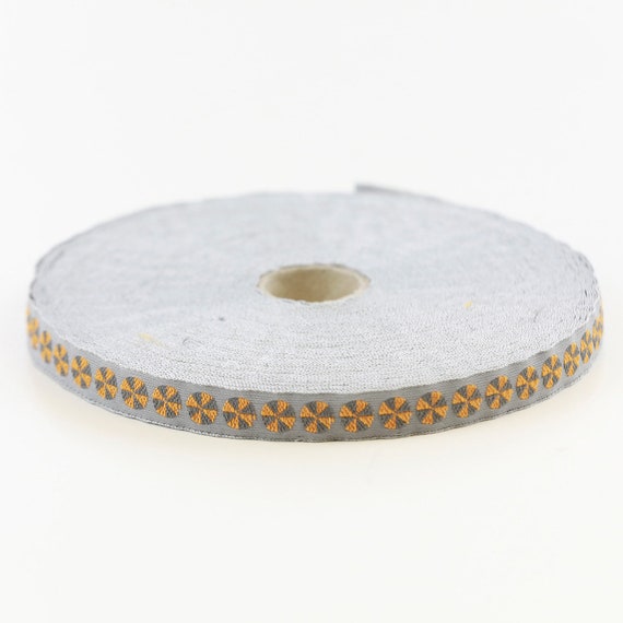 KAFKA A-06/01 Jacquard Ribbon Woven Organic Cotton Trim 7/16" wide (10mm) CIRCUS BALLS or Combos Dark Gray & Golden Yellow on Gray, Per Yard