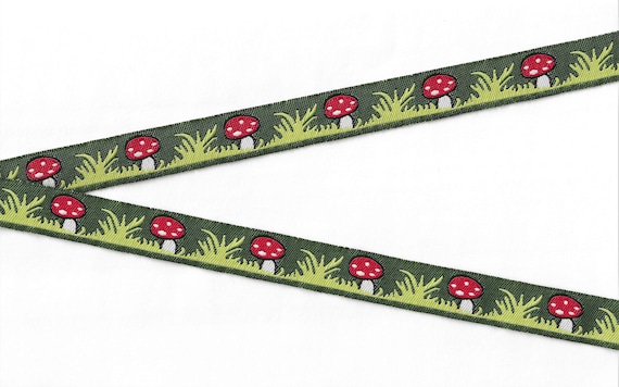 CHILDREN's C-03-B Jacquard Ribbon Poly Trim 5/8" Wide (16mm) Red Toadstools w/Mini White Polka Dots on Olive Green