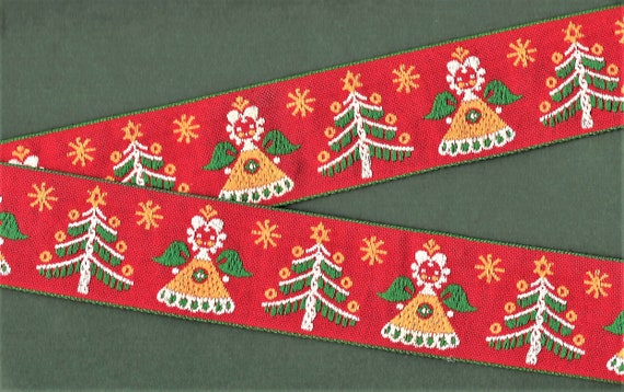 HOLIDAY J-02-A Jacquard Ribbon Cotton Trim 1-5/8" wide (41mm) Red w/Golden Yellow, White & Green Angels/Trees