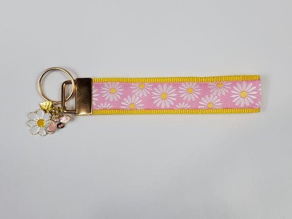 FLORAL Jacquard Ribbon/Nylon Web 1" wide (25mm) Key Fobs, Pink w/White Daisies & Charms, Keychain, Key Wristlet, Luggage Tags, 5.5" long