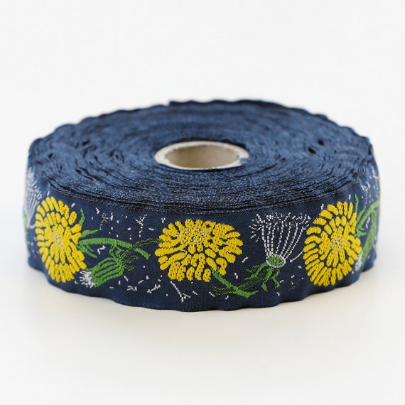 KAFKA F-03/03 Jacquard Ribbon Woven Organic Cotton Trim 1" wide (25mm) Navy Background w/Yellow & White Dandelions, Green Leaves