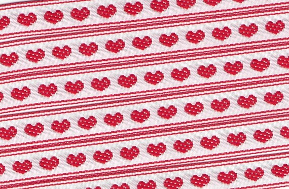 HEARTS/FLOWERS B-02-C Jacquard Ribbon Poly Trim 1/2" wide (13mm) White Background w/Red Borders & Hearts