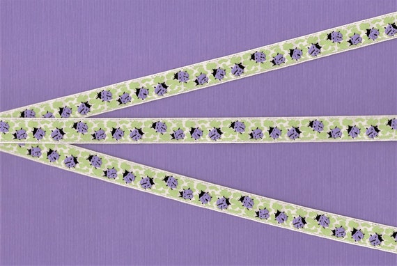 INSECTS B-05-A Jacquard Ribbon Poly Trim, 1/2" Wide (13mm) Lilac & Black Ladybugs on Green Leaves, White Background, Priced Per Yard