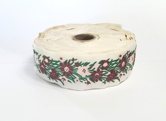KAFKA G-20/00 Jacquard Ribbon Woven Organic Cotton Trim 1-1/4" wide (32mm) Ivory Background w/Rosewood & Lt Pink Flowers, Green Stems Vines