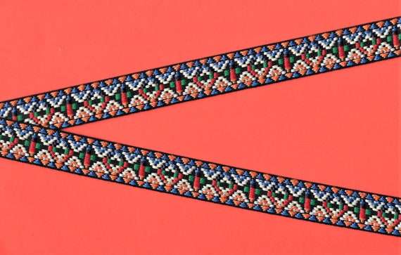 NATIVE AMERICAN D-14-B Jacquard Ribbon Poly Trim, 3/4" Wide (20mm) Black w/Orange/Green/White/Red & Blue Diamond Pattern