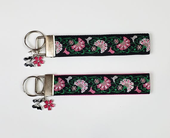 FLORAL Jacquard Ribbon/Nylon Web 1" wide (25mm) Key Fobs, Pink & Silver Floral w/Charms, Keychain, Key Wristlet, Luggage Tags, 5.5" long