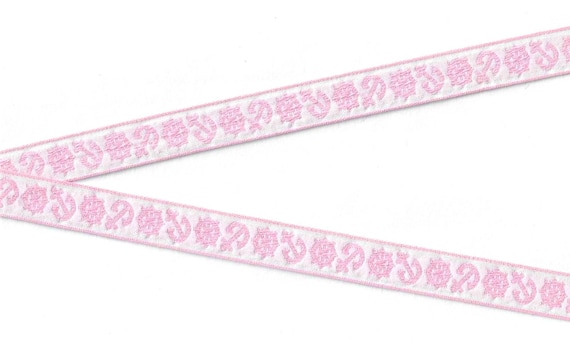 CHILDREN's NAUTICAL C-14-C Jacquard Ribbon Cotton Trim 9/16" wide (15mm) VINTAGE White Background with Pink Anchors & Captain's Wheels