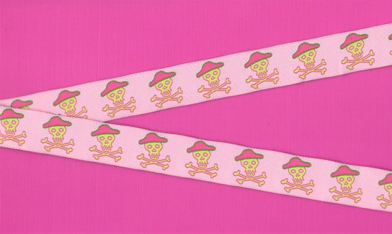 NOVELTY/Skulls E-04-A Jacquard Ribbon Polyester Trim, 7/8" Wide (22mm) Pale Pink Background, Jolly Roger Motif Hot Pink/Neon Green, Per Yard