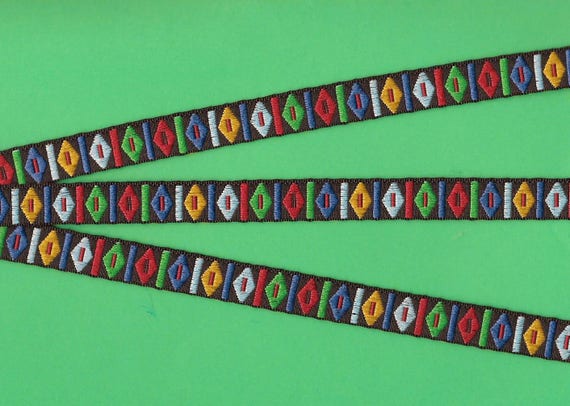 GEOMETRIC B-12 Jacquard Ribbon Polyester Trim 1/2" wide (13mm) Black Background, Blue/Red/Gold/Green/Lt. Blue Diamond Shapes & Lines