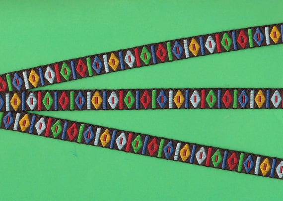 GEOMETRIC B-12 Jacquard Ribbon Poly Trim 1/2" wide (13mm) Black Background, Blue/Red/Gold/Green/Lt. Blue Diamond Shapes & Lines, Per Yard