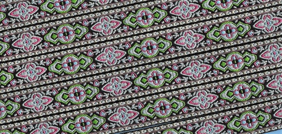 GEOMETRIC C-06-H Jacquard Ribbon Poly Trim 5/8" wide (16mm) Black, Lt Blue, Pink & Apple Renaissance