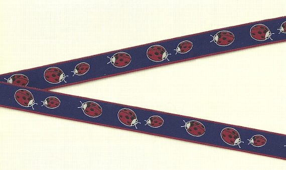 INSECTS D-02-A Jacquard Ribbon Polyester Trim 5/8" Wide (16mm) Blue Background w/Large & Small Red Ladybugs