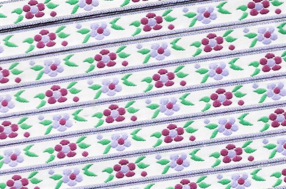 FLORAL A-21-B Jacquard Ribbon Polyester Trim 3/8" Wide (9mm) White Background, Purple & Lilac Flowers, Green Leaves