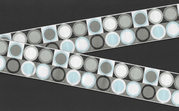 GEOMETRIC H-04-A Jacquard Ribbon Polyester Trim 1-1/2" wide (38mm) RETRO BoHo Circles Squares in shades of White/Gray/Black & Blue